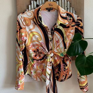 Vintage Hippie Shirt Plunging Self-Tie Soft Stretchy long sleeve‎ top Xl